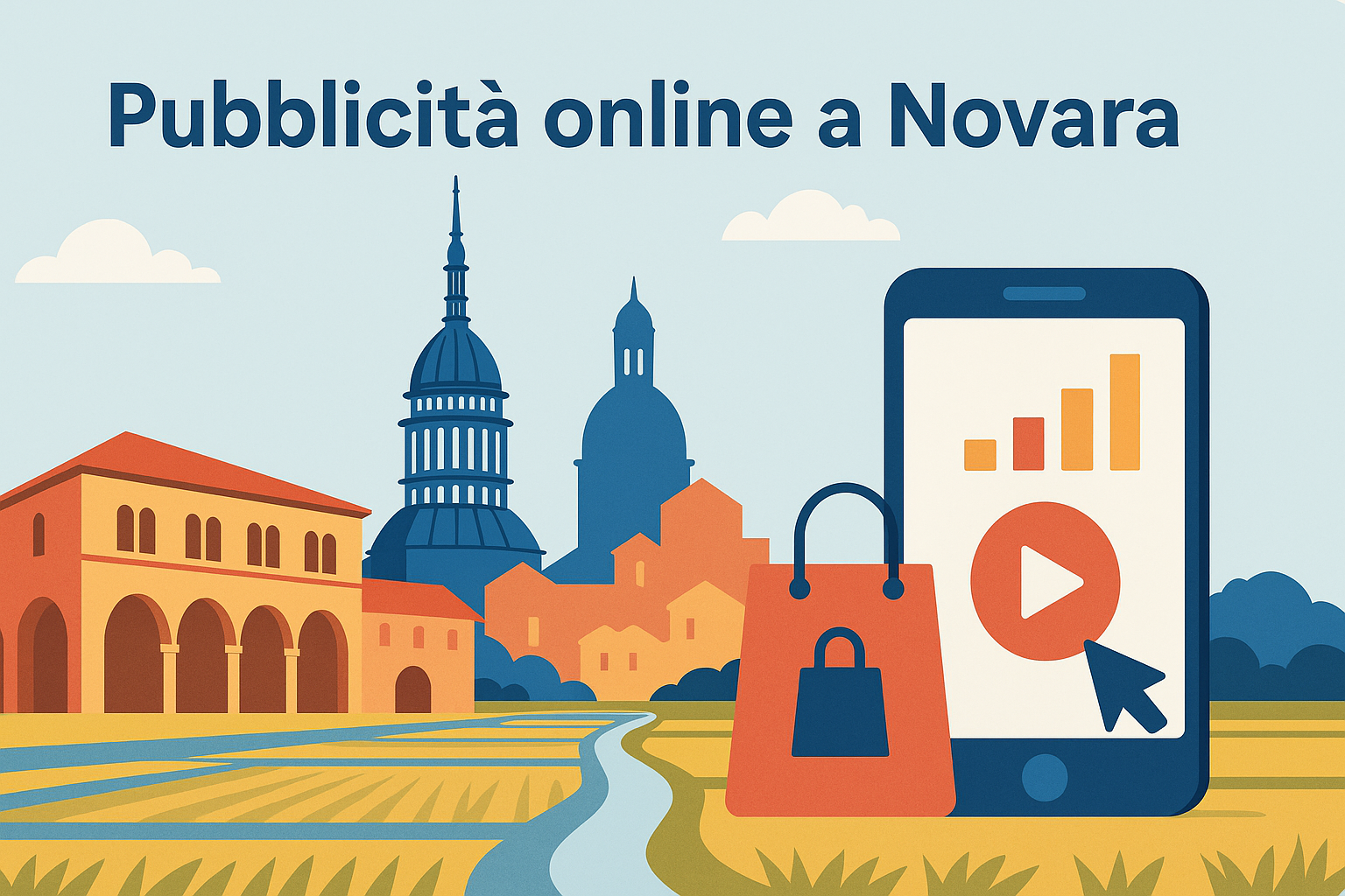 Pubblicità online a Novara — panorama urbano, cupola di San Gaudenzio e aree commerciali dell’area provinciale