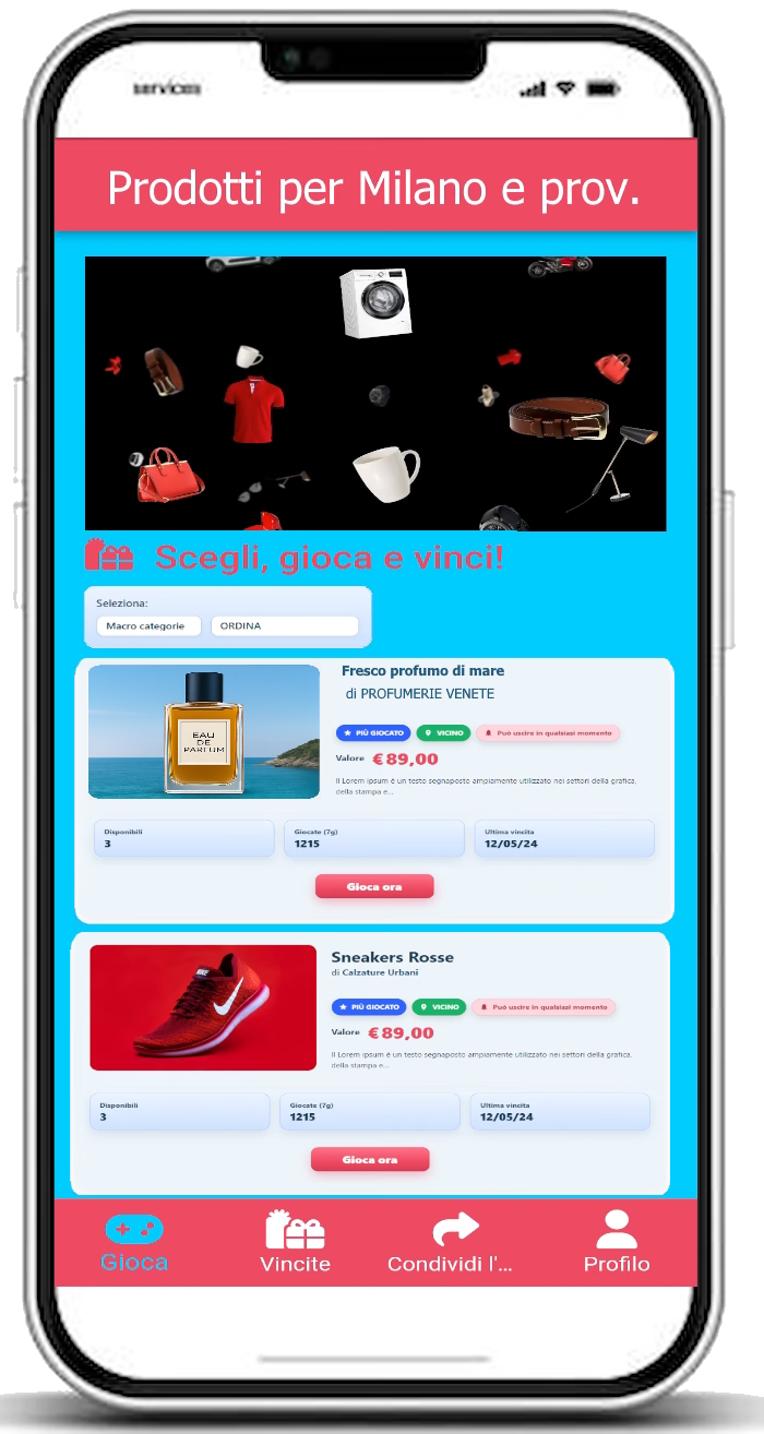Schermata mobile con prodotti e gioco